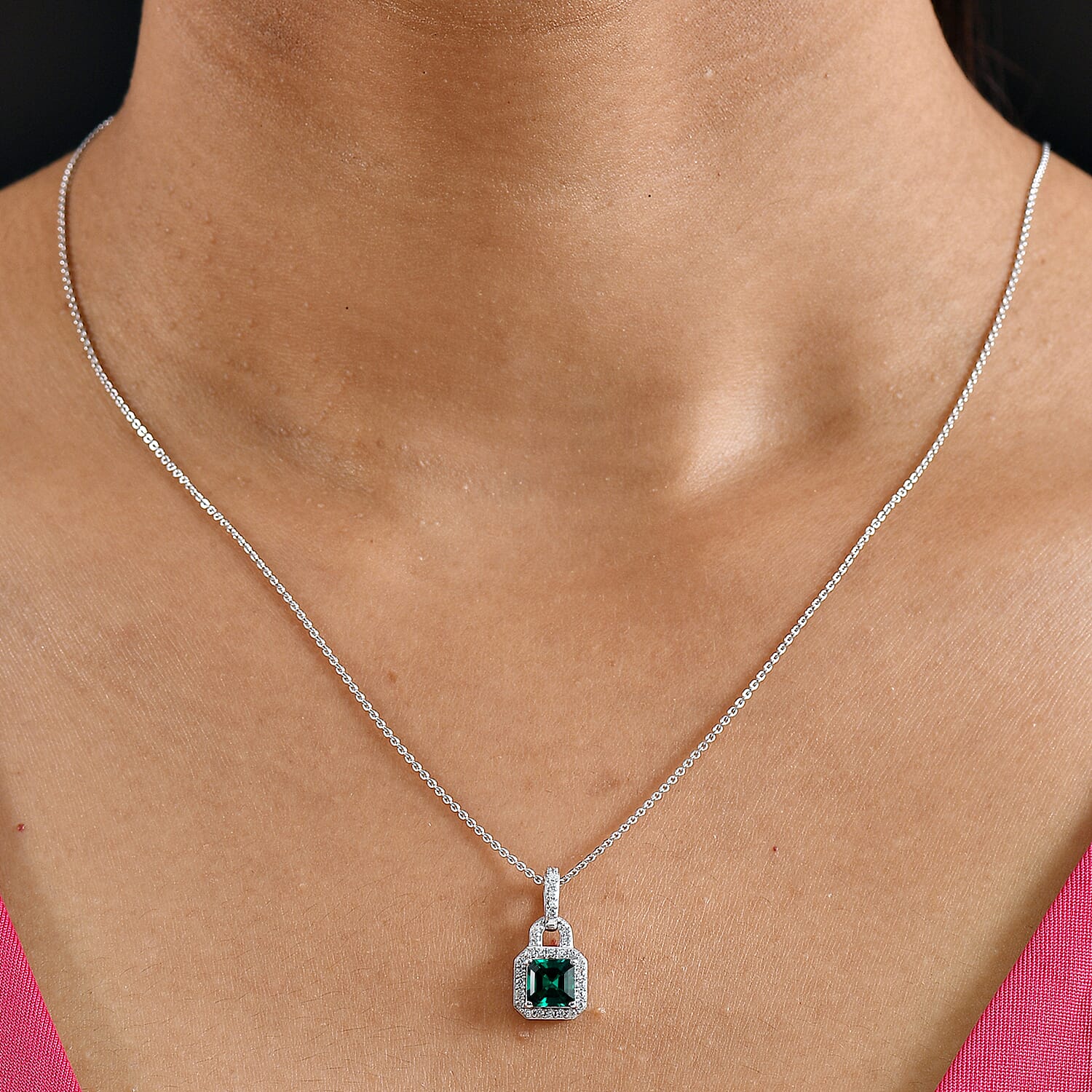 Lab Grown Emerald & White Zircon Pendant with Chain (Size 20) in Rhodium Overlay Sterling Silver 1.47 Ct.