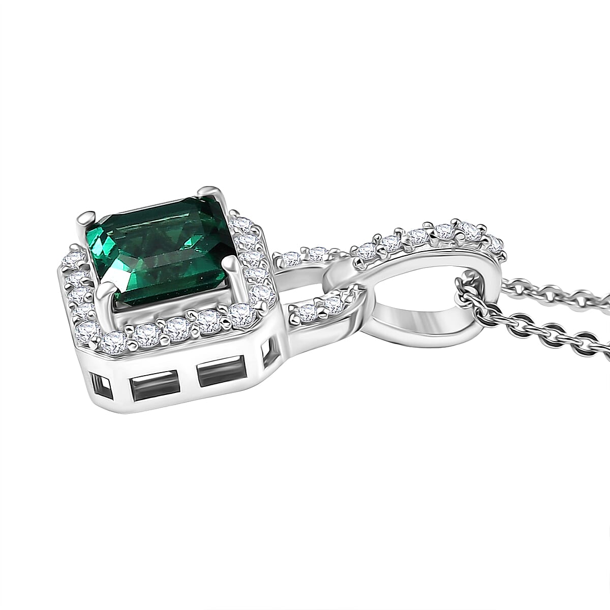 Lab Grown Emerald & White Zircon Pendant with Chain (Size 20) in Rhodium Overlay Sterling Silver 1.47 Ct.