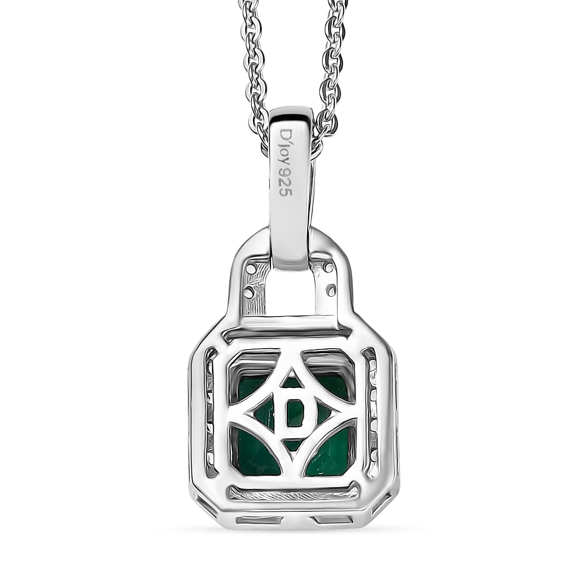 Lab Grown Emerald & White Zircon Pendant with Chain (Size 20) in Rhodium Overlay Sterling Silver 1.47 Ct.