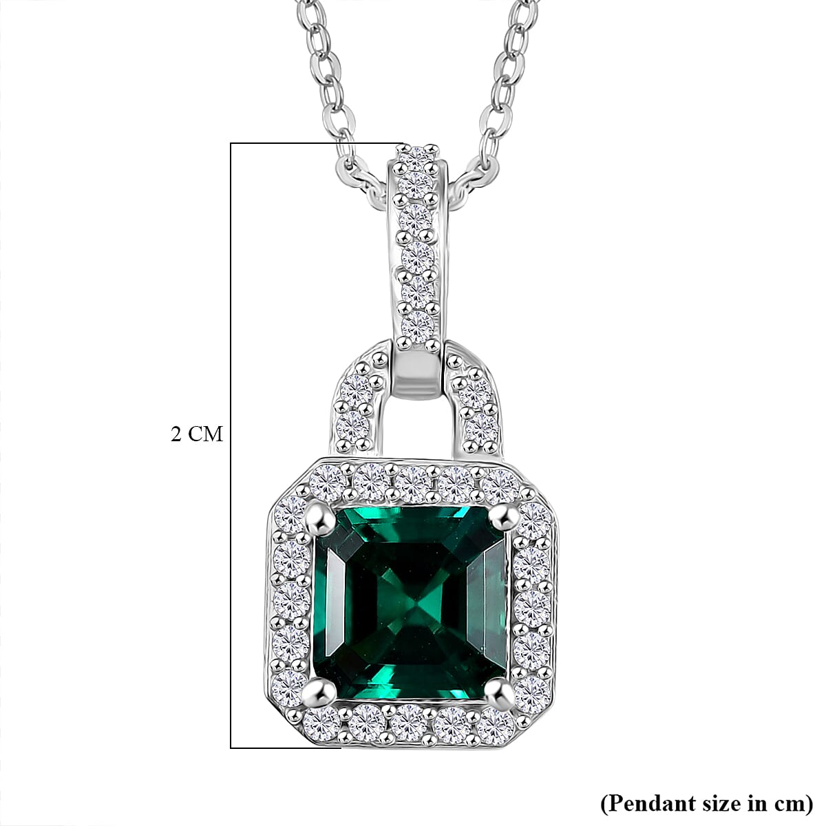 Lab Grown Emerald & White Zircon Pendant with Chain (Size 20) in Rhodium Overlay Sterling Silver 1.47 Ct.