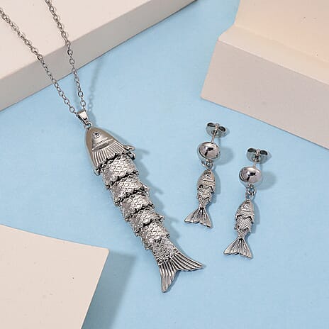 2 Piece Set - White Crystal Fish Earring with Push Back & Pendant with Chain (Size 20 - 2 Ext) in Silver Colour Tone