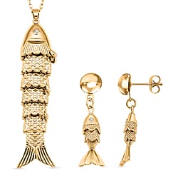 2 Piece Set -  White Crystal Fish Earring with Push Back & Pendant with Chain (Size 20 - 2 Ext) in Yellow Gold Plated