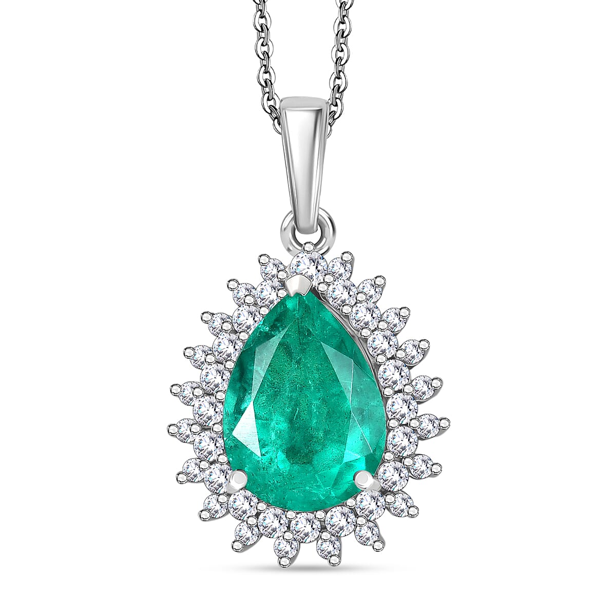 D'joy Emeraldine Triplet Quartz & White Zircon Pendant with Chain (Size 20) in Platinum Overlay Sterling Silver 7.61 Ct.