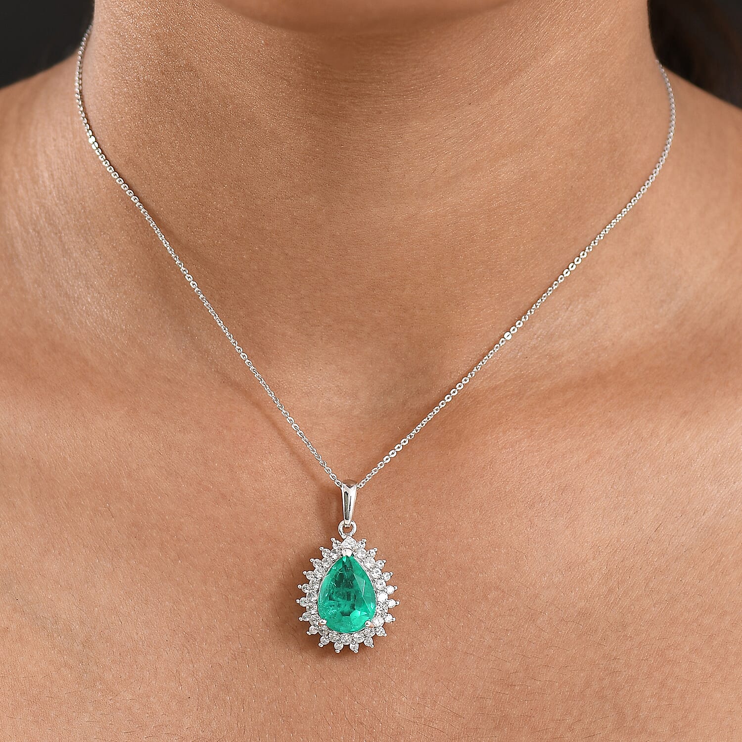 D'joy Emeraldine Triplet Quartz & White Zircon Pendant with Chain (Size 20) in Platinum Overlay Sterling Silver 7.61 Ct.