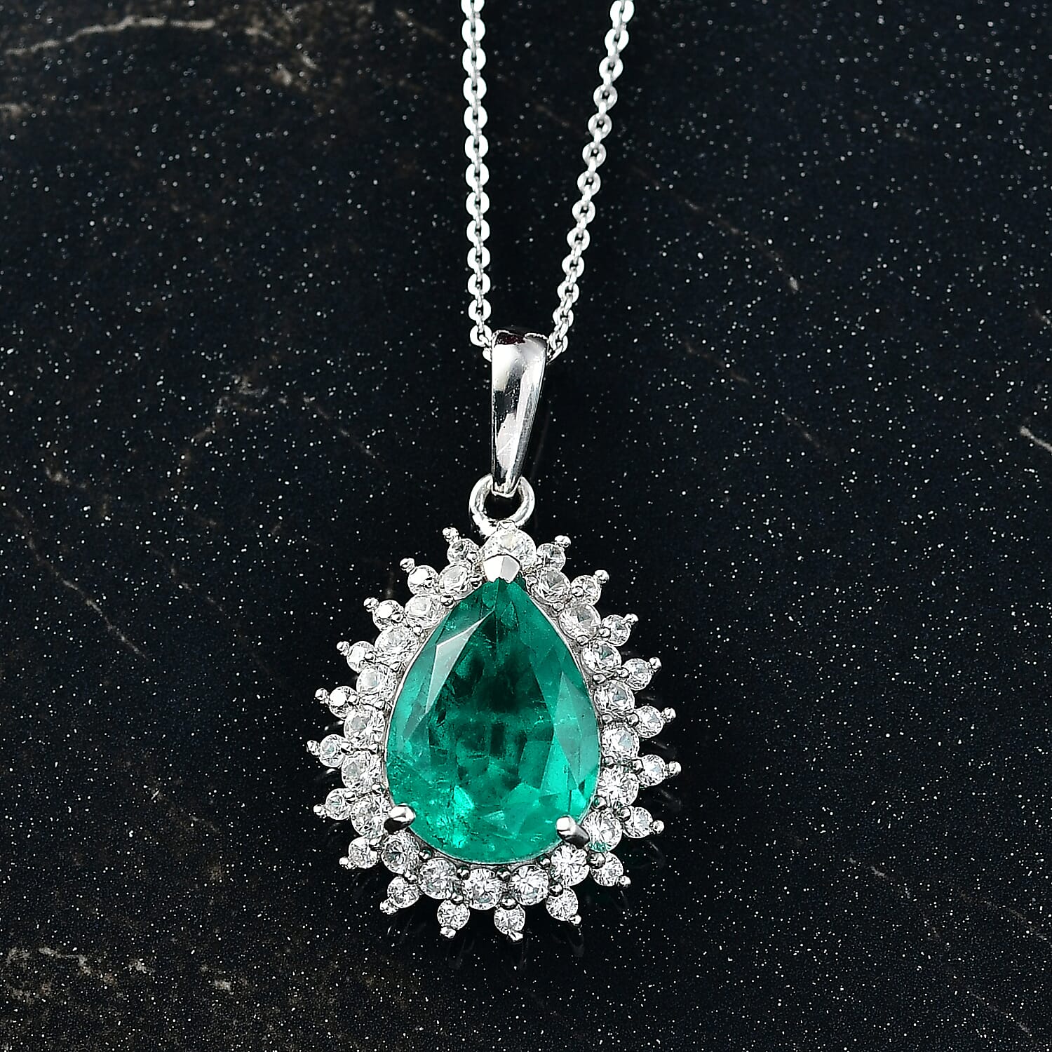 D'joy Emeraldine Triplet Quartz & White Zircon Pendant with Chain (Size 20) in Platinum Overlay Sterling Silver 7.61 Ct.