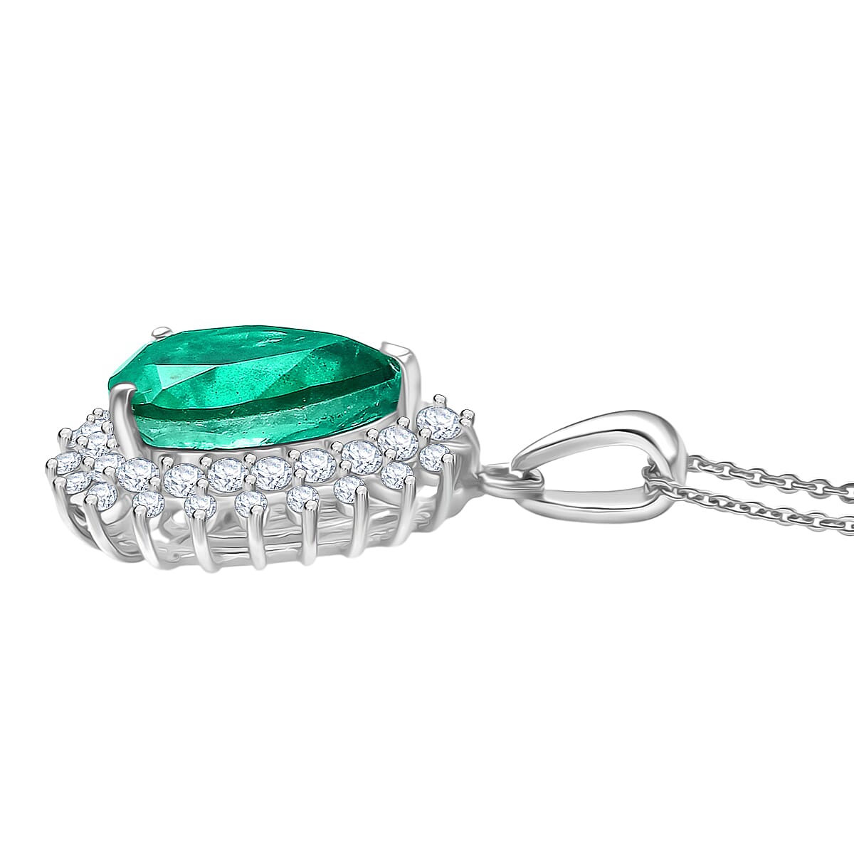 D'joy Emeraldine Triplet Quartz & White Zircon Pendant with Chain (Size 20) in Platinum Overlay Sterling Silver 7.61 Ct.