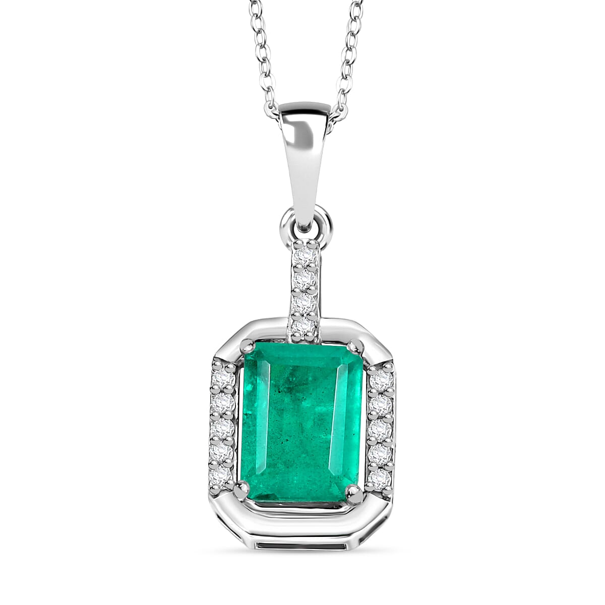 D'joy Emeraldine Triplet Quartz & White Zircon Pendant with Chain (Size 20) in Platinum Overlay Sterling Silver 2.02 Ct.