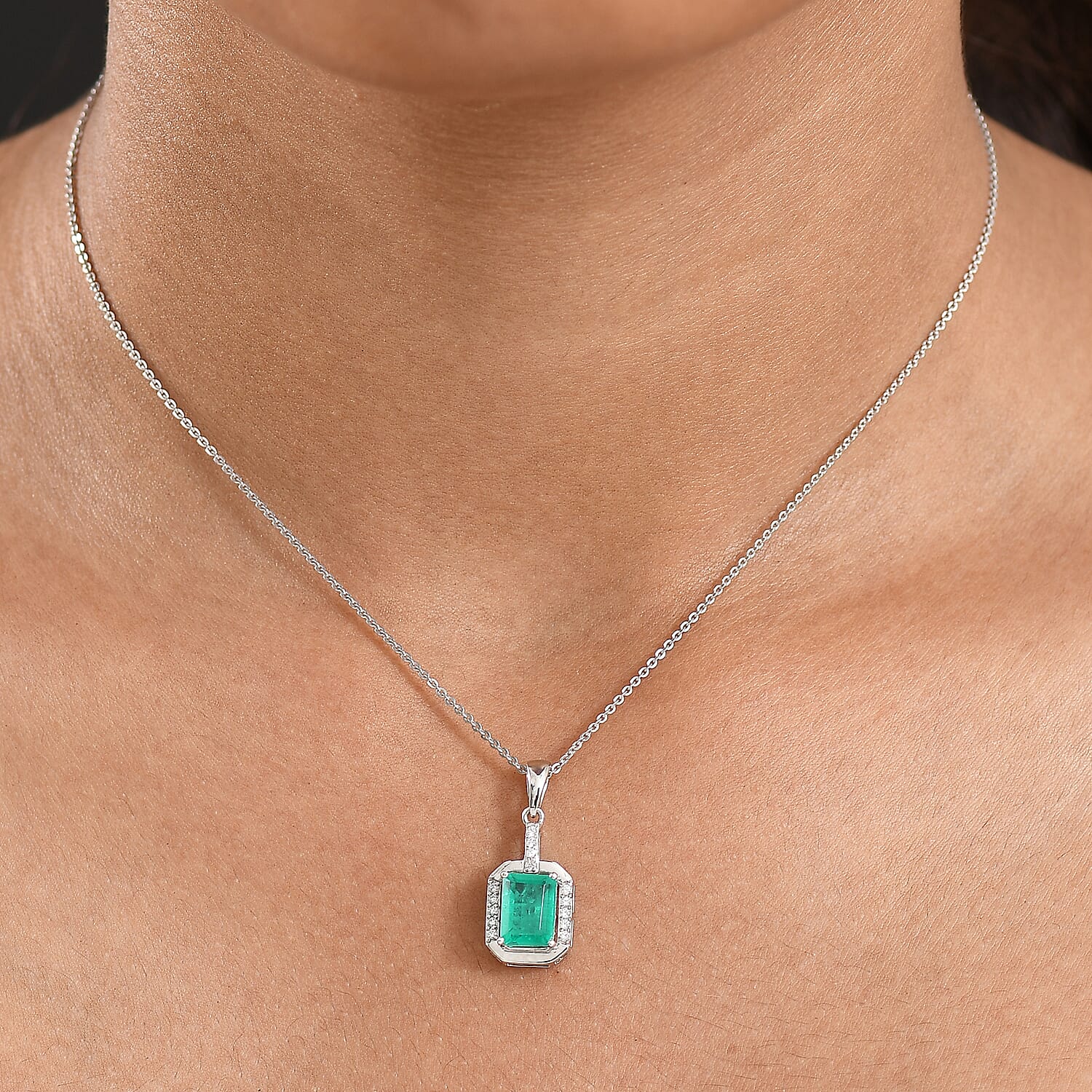 D'joy Emeraldine Triplet Quartz & White Zircon Pendant with Chain (Size 20) in Platinum Overlay Sterling Silver 2.02 Ct.
