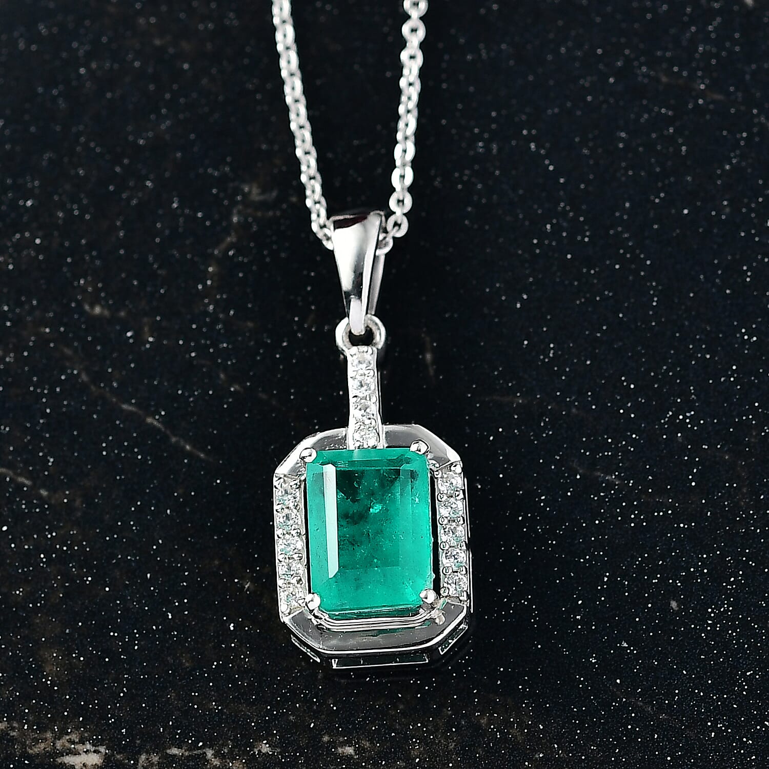 D'joy Emeraldine Triplet Quartz & White Zircon Pendant with Chain (Size 20) in Platinum Overlay Sterling Silver 2.02 Ct.