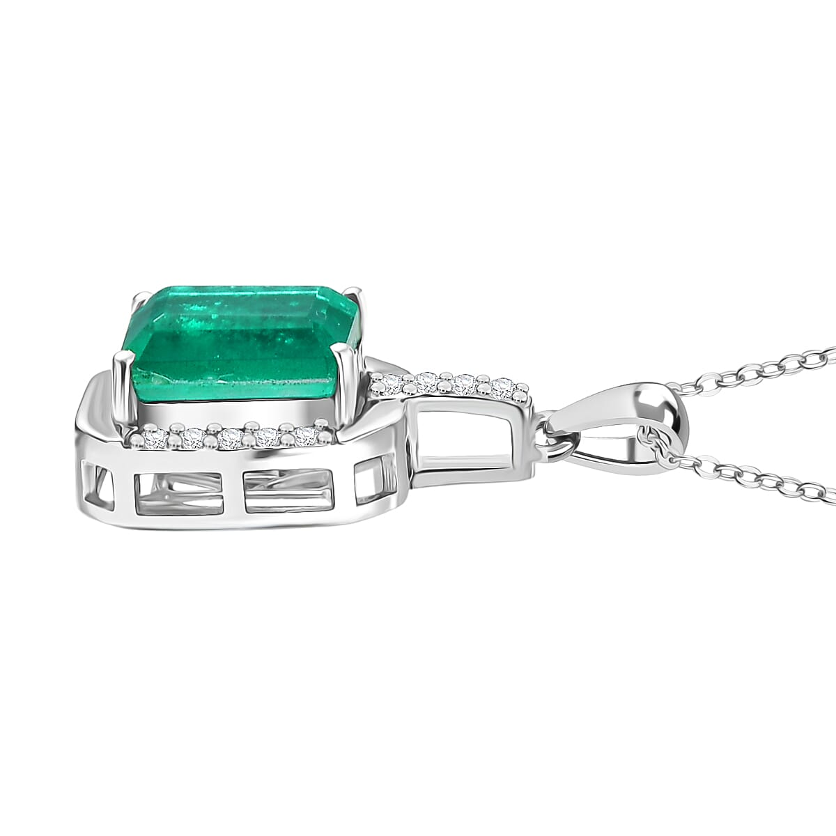D'joy Emeraldine Triplet Quartz & White Zircon Pendant with Chain (Size 20) in Platinum Overlay Sterling Silver 2.02 Ct.