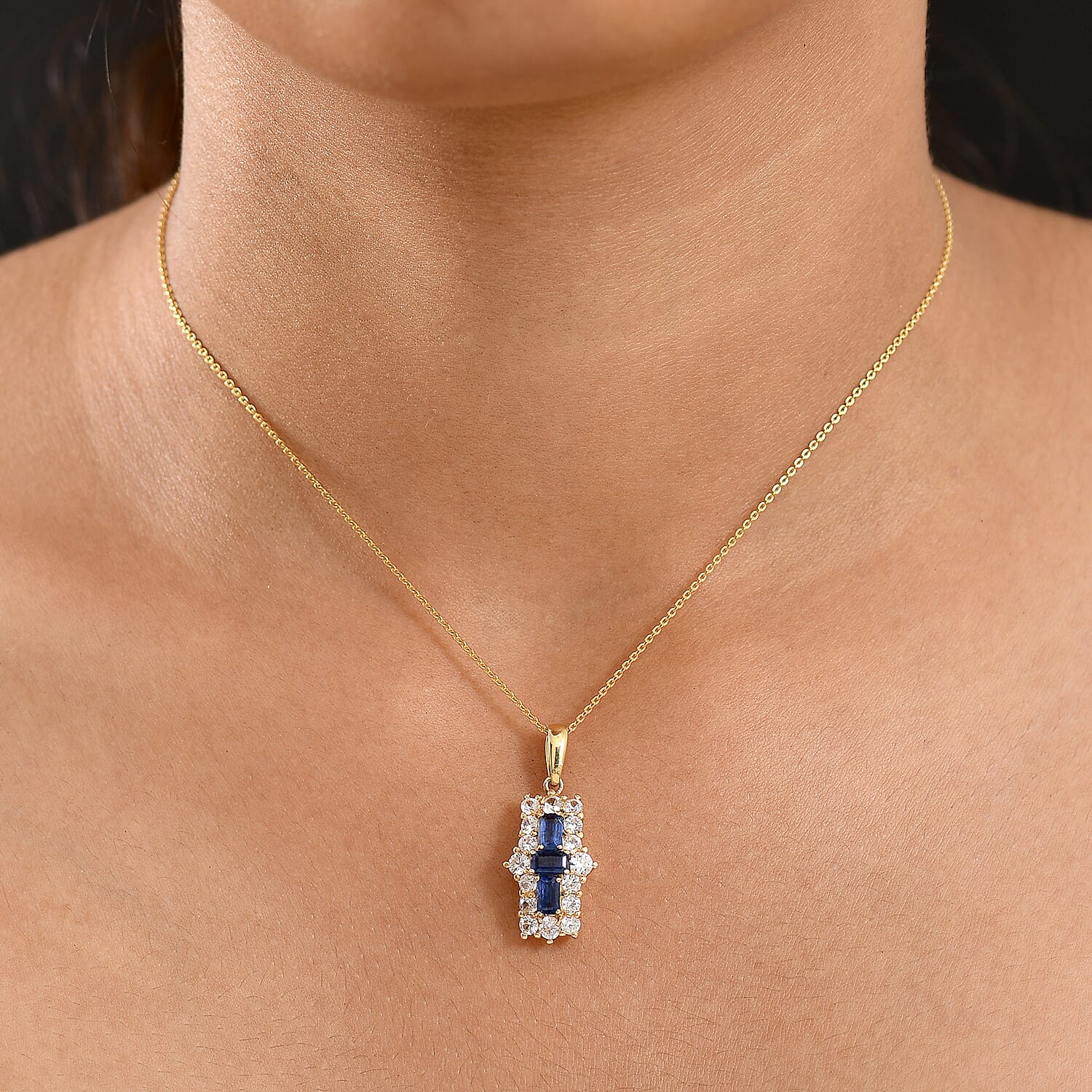 Natural Kashmir Kyanite & White Zircon Pendant with Chain (Size 20) in 18K Yellow Gold Plating Sterling Silver 3.19 Ct.