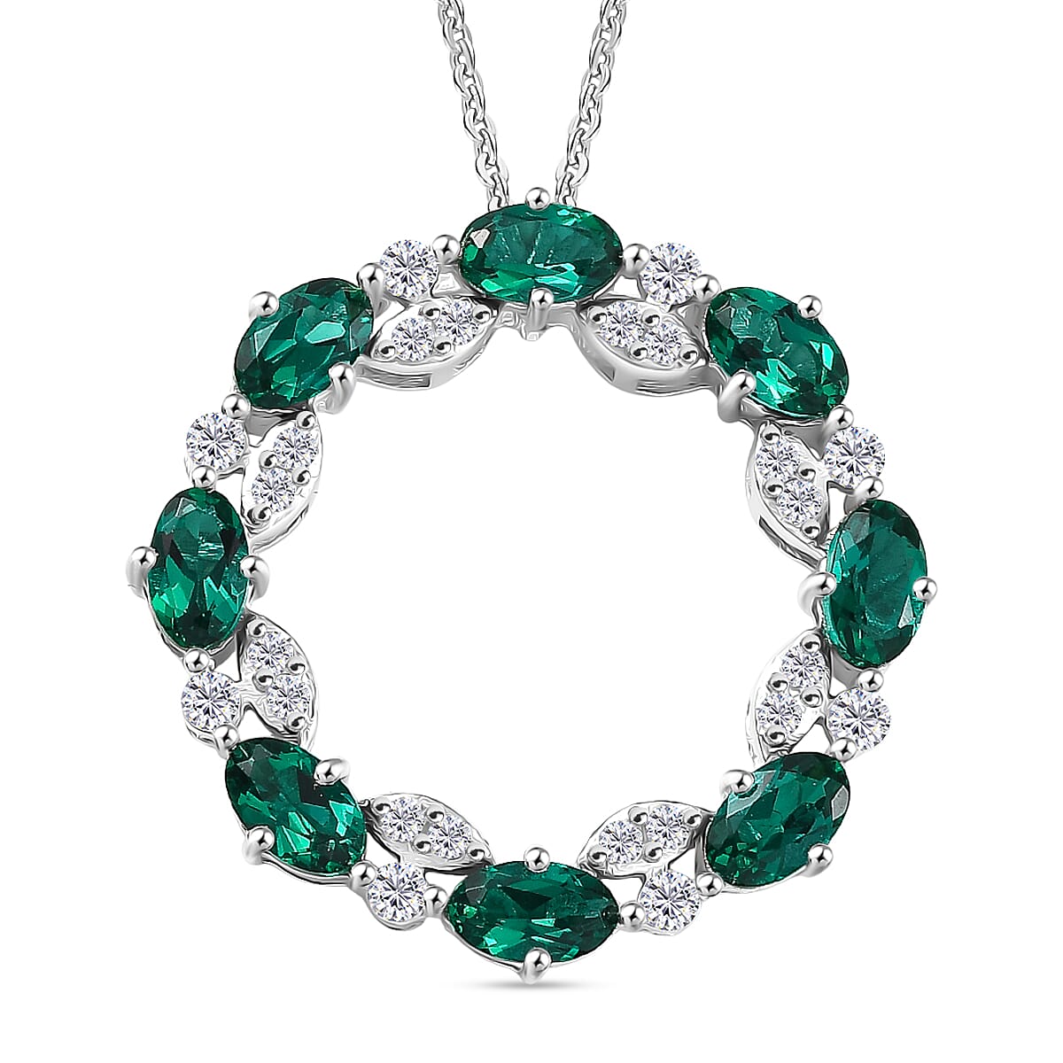 Lab Grown Emerald & White Zircon Round Pendant with Chain (Size 20) in Rhodium Overlay Sterling Silver 2.08 Ct, Silver Wt. 5.10 Gms.