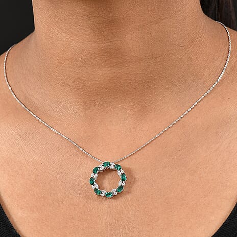 Lab Grown Emerald & White Zircon Round Pendant with Chain (Size 20) in Rhodium Overlay Sterling Silver 2.08 Ct, Silver Wt. 5.10 Gms.