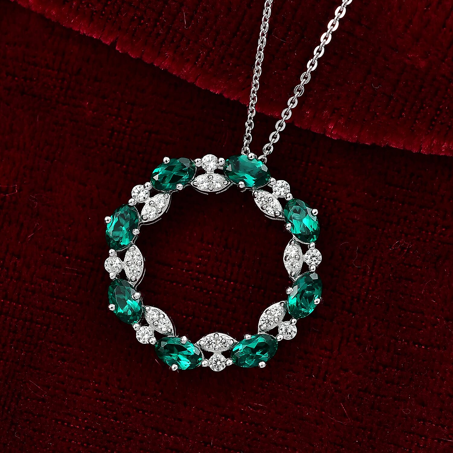 Lab Grown Emerald & White Zircon Round Pendant with Chain (Size 20) in Rhodium Overlay Sterling Silver 2.08 Ct, Silver Wt. 5.10 Gms.
