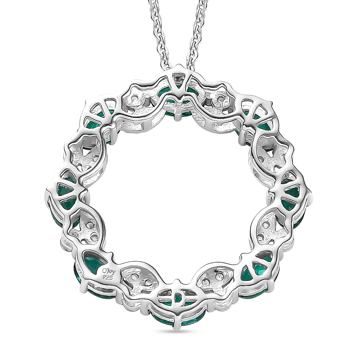 Lab Grown Emerald & White Zircon Round Pendant with Chain (Size 20) in Rhodium Overlay Sterling Silver 2.08 Ct, Silver Wt. 5.10 Gms.