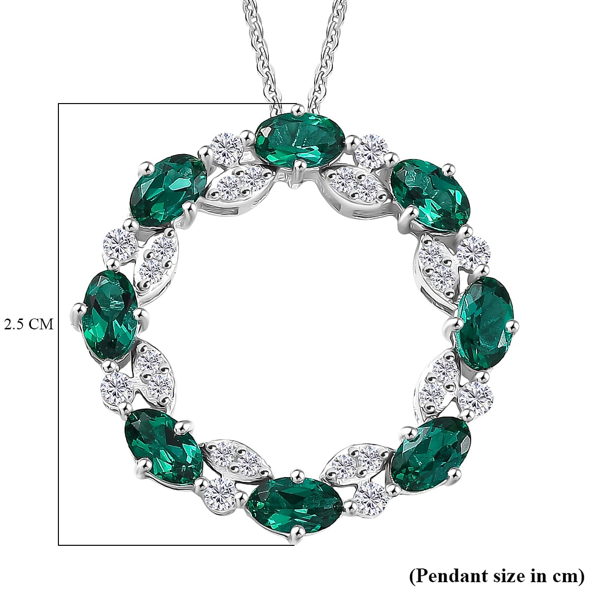 Lab Grown Emerald & White Zircon Round Pendant with Chain (Size 20) in Rhodium Overlay Sterling Silver 2.08 Ct, Silver Wt. 5.10 Gms.