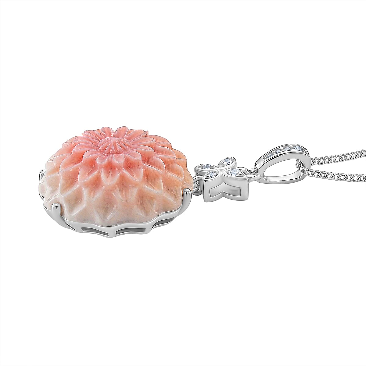 Queen Conch Shell & Natural Zircon Pendant with Chain (Size 18) in Rhodium Overlay Sterling Silver 20.78 Ct.