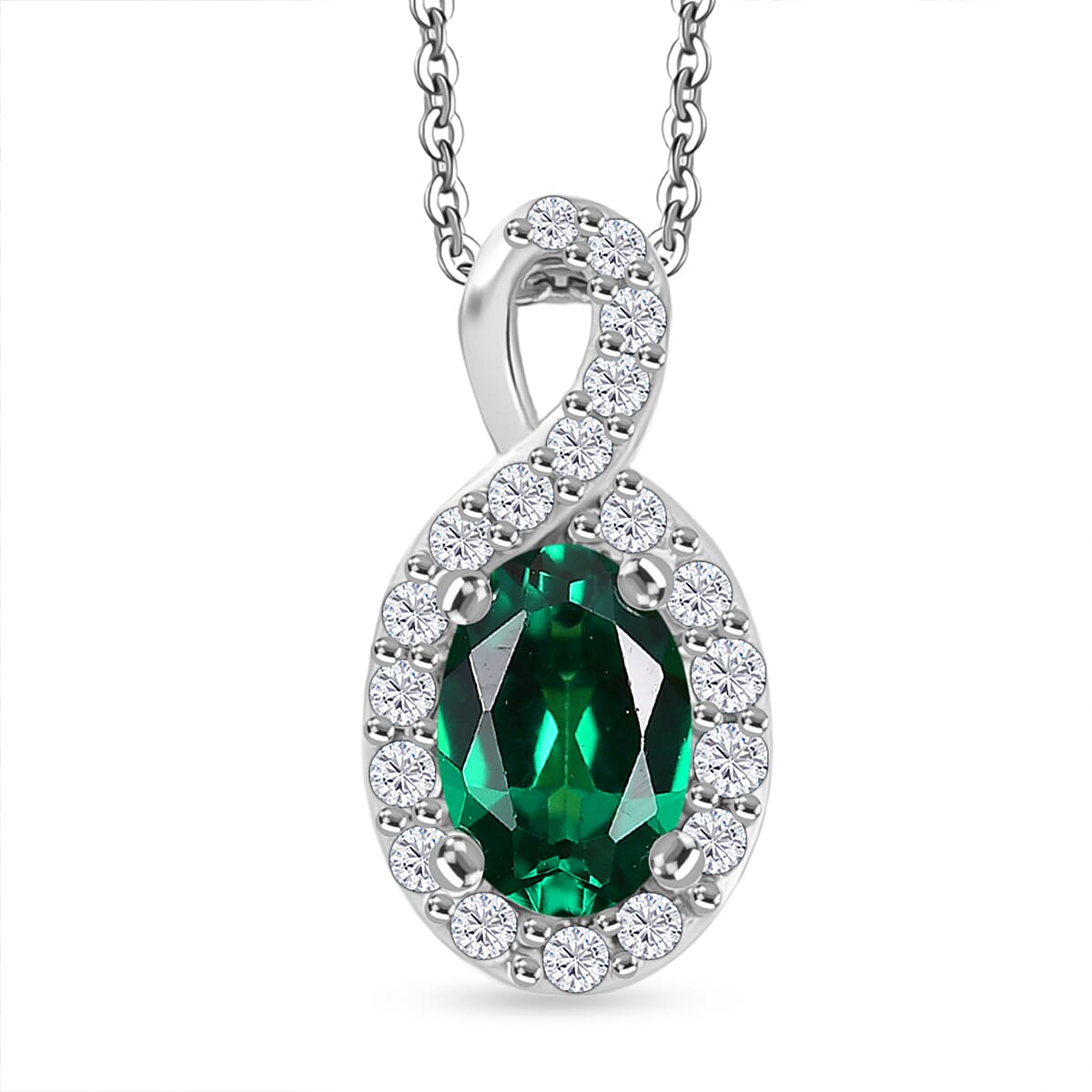 Lab Grown Emerald & White Zircon Pendant with Chain (Size 20) in Rhodium Overlay Sterling Silver
