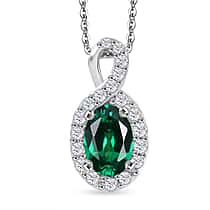 D'joy Lab Grown Emerald, White Zircon Halo Pendant with Chain (Size 20) in Rhodium Overlay Sterling Silver
