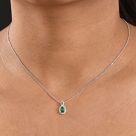 Lab Grown Emerald & White Zircon Pendant with Chain (Size 20) in Rhodium Overlay Sterling Silver