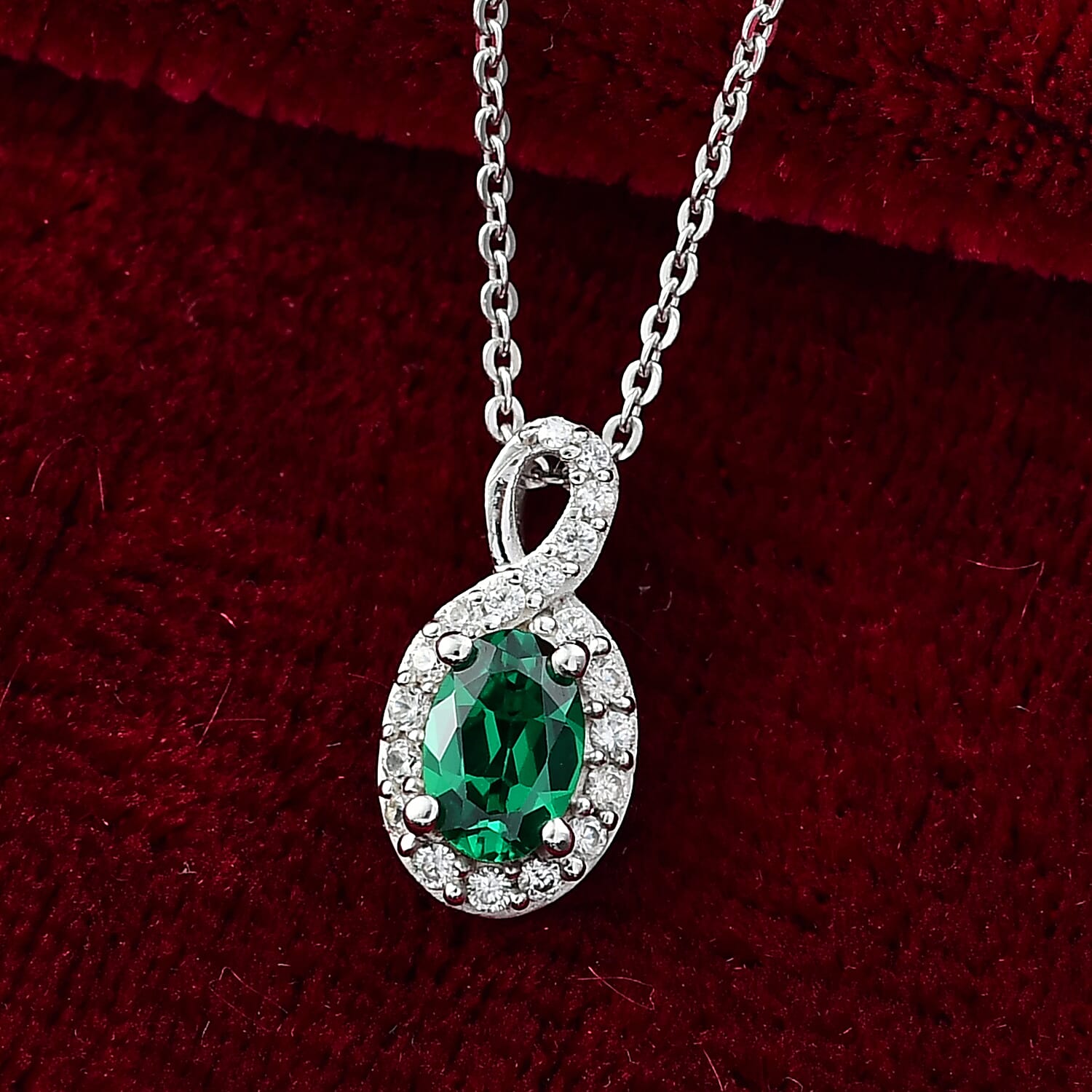 Lab Grown Emerald & White Zircon Pendant with Chain (Size 20) in Rhodium Overlay Sterling Silver