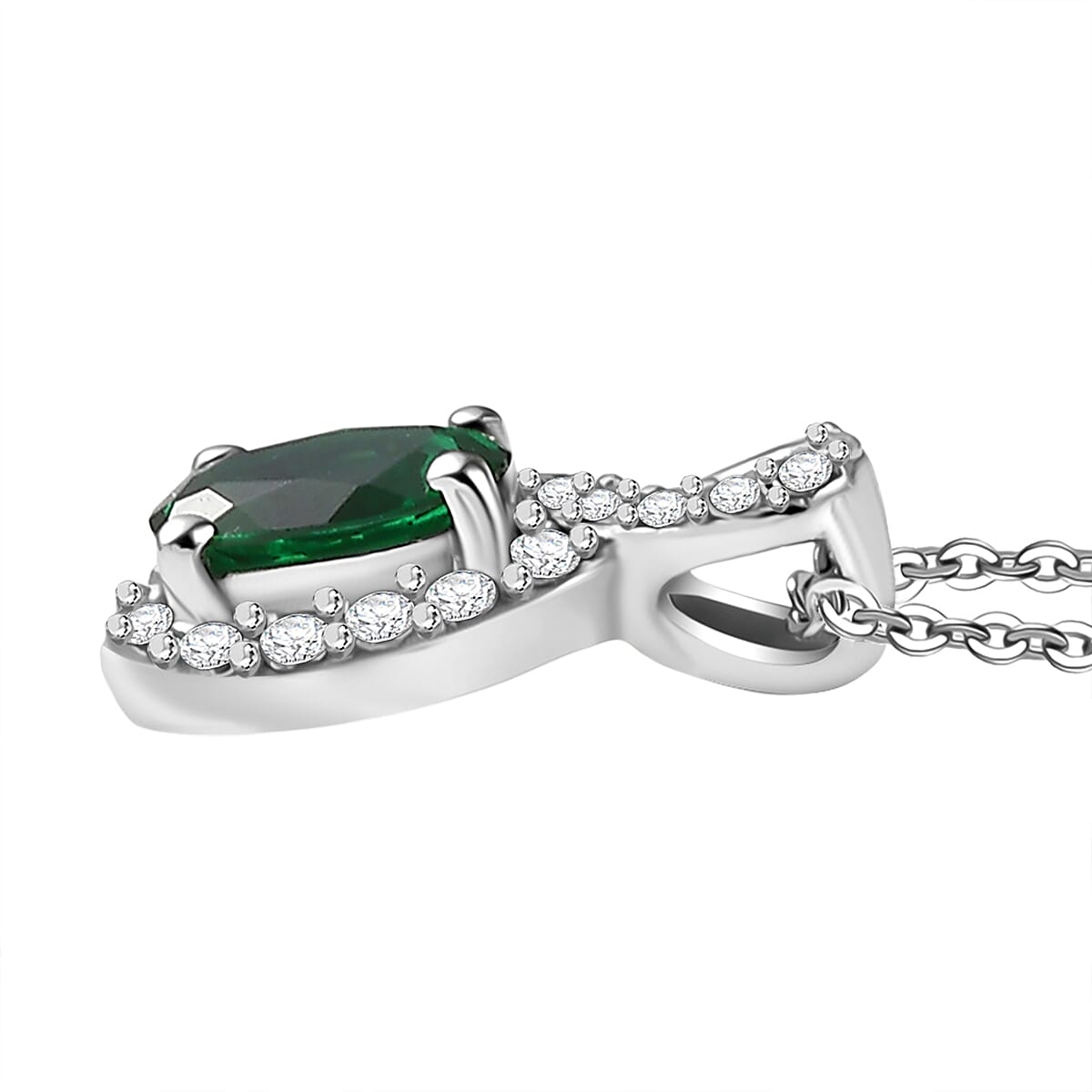 Lab Grown Emerald & White Zircon Pendant with Chain (Size 20) in Rhodium Overlay Sterling Silver