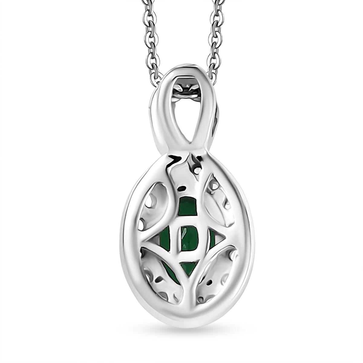 Lab Grown Emerald & White Zircon Pendant with Chain (Size 20) in Rhodium Overlay Sterling Silver