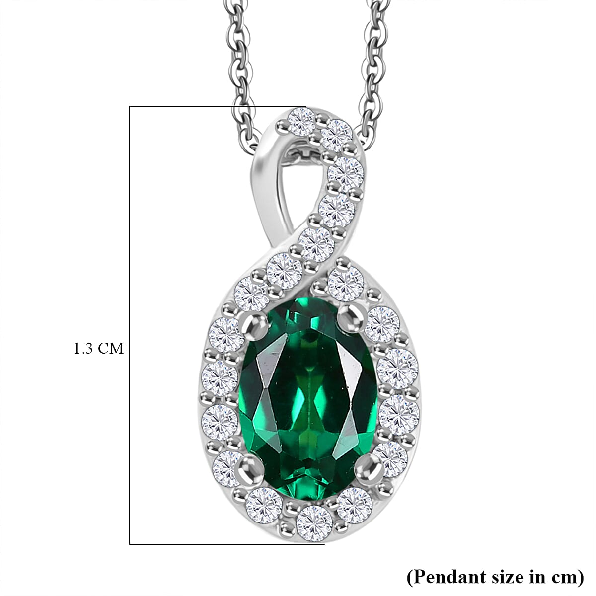 Lab Grown Emerald & White Zircon Pendant with Chain (Size 20) in Rhodium Overlay Sterling Silver