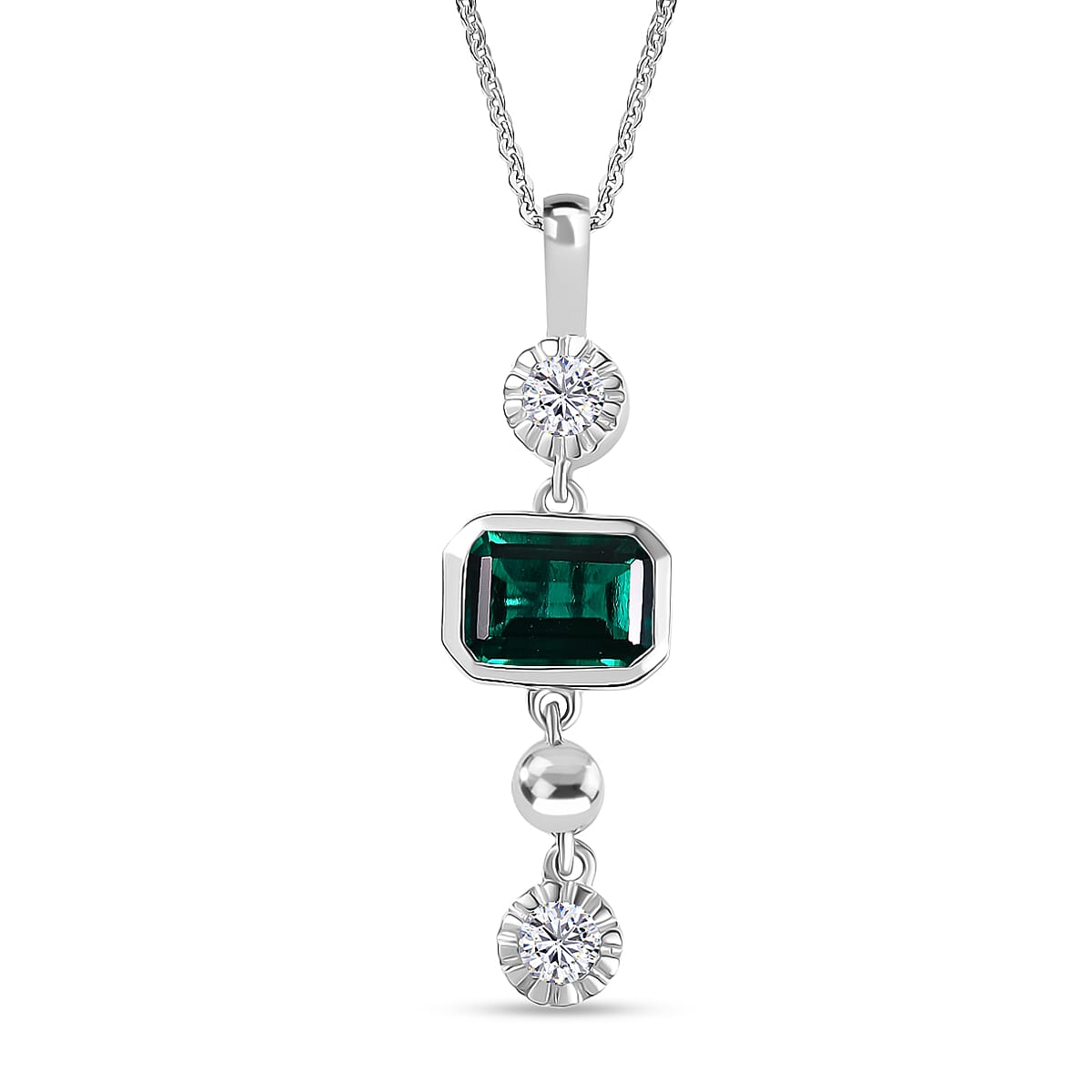 Lab Grown Emerald & Moissanite Pendant with Chain (Size 20) in Rhodium Overlay Sterling Silver 1.17 Ct.
