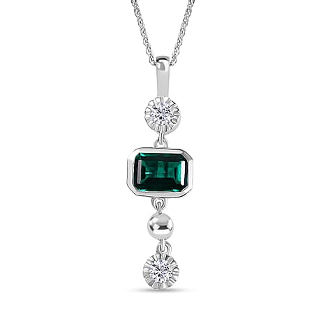 D'joy Lab Grown Emerald, Moissanite Pendant with Chain (Size 20) in Rhodium Overlay Sterling Silver 1.17 Ct.