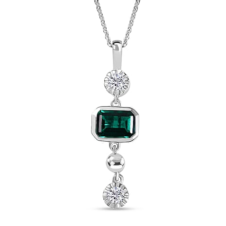 Lab Grown Emerald & Moissanite Pendant with Chain (Size 20) in Rhodium Overlay Sterling Silver 1.17 Ct.