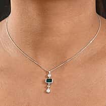 D'joy Lab Grown Emerald, Moissanite Pendant with Chain (Size 20) in Rhodium Overlay Sterling Silver 1.17 Ct.