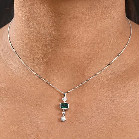 Lab Grown Emerald & Moissanite Pendant with Chain (Size 20) in Rhodium Overlay Sterling Silver 1.17 Ct.