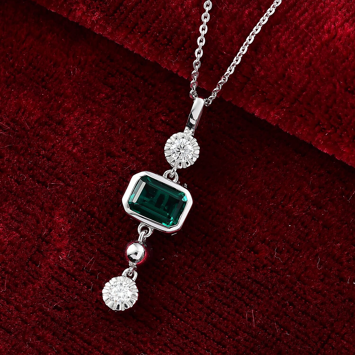 Lab Grown Emerald & Moissanite Pendant with Chain (Size 20) in Rhodium Overlay Sterling Silver 1.17 Ct.
