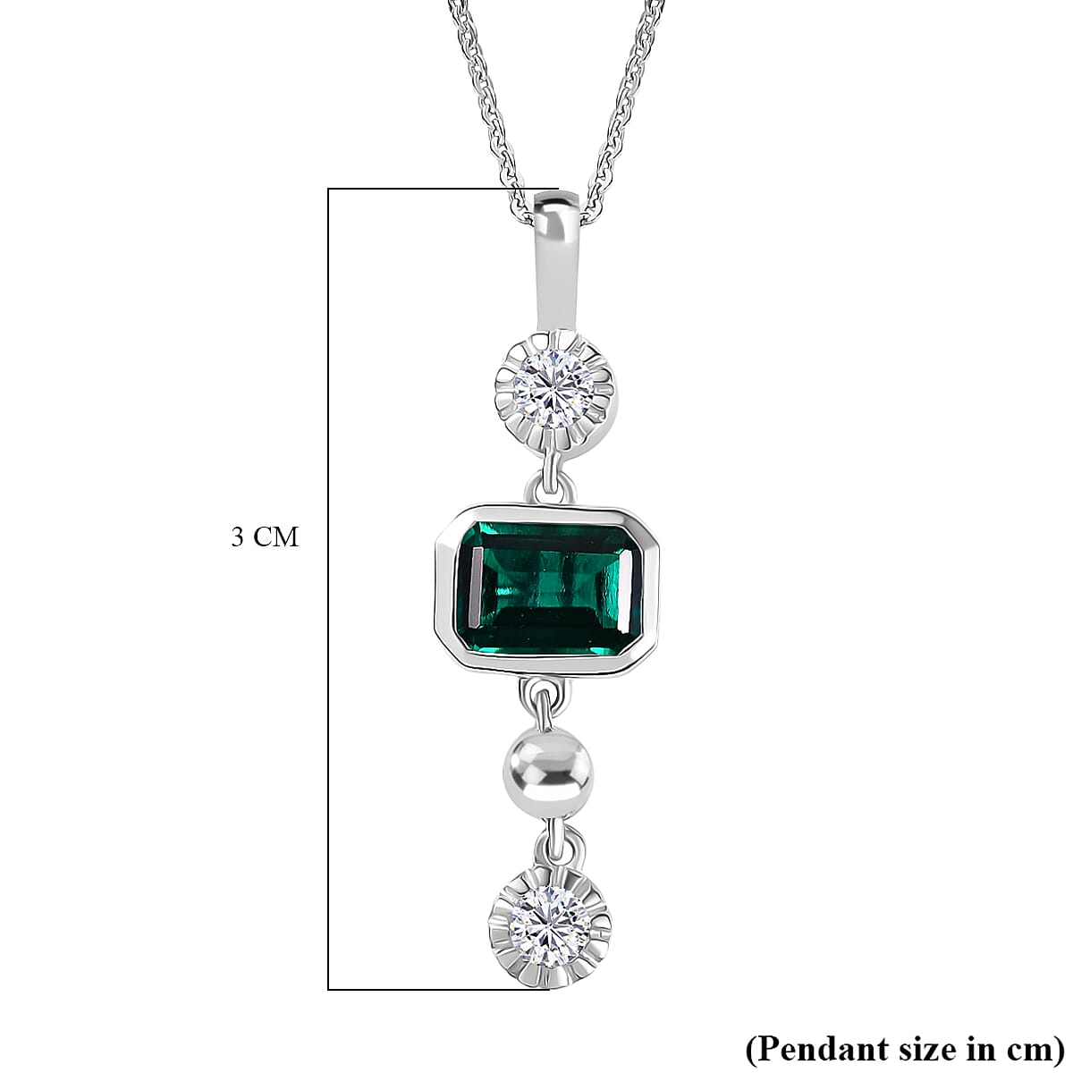 Lab Grown Emerald & Moissanite Pendant with Chain (Size 20) in Rhodium Overlay Sterling Silver 1.17 Ct.