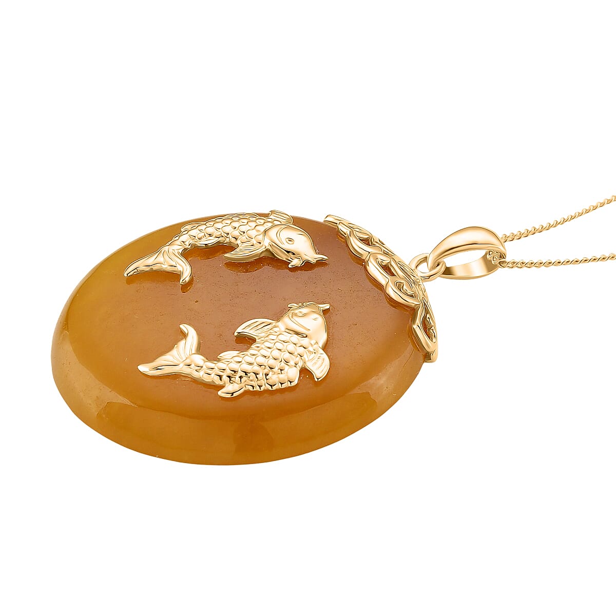 D'Joy Honey Jade Fish Pendant with Chain (Size 18) in Yellow Gold Plated Sterling Silver 73.50 Ct, Silver Wt. 5.00 Gms.
