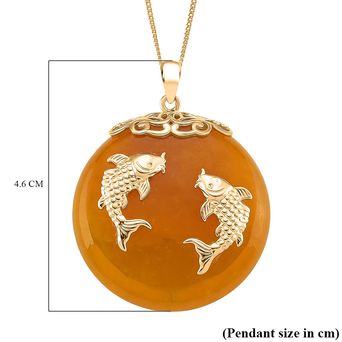 D'Joy Honey Jade Fish Pendant with Chain (Size 18) in Yellow Gold Plated Sterling Silver 73.50 Ct, Silver Wt. 5.00 Gms.