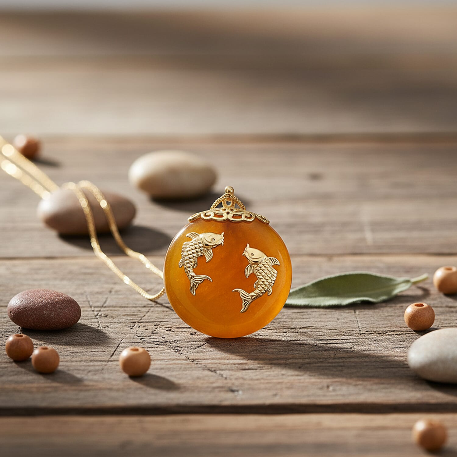 D'Joy Honey Jade Fish Pendant with Chain (Size 18) in Yellow Gold Plated Sterling Silver 73.50 Ct, Silver Wt. 5.00 Gms.