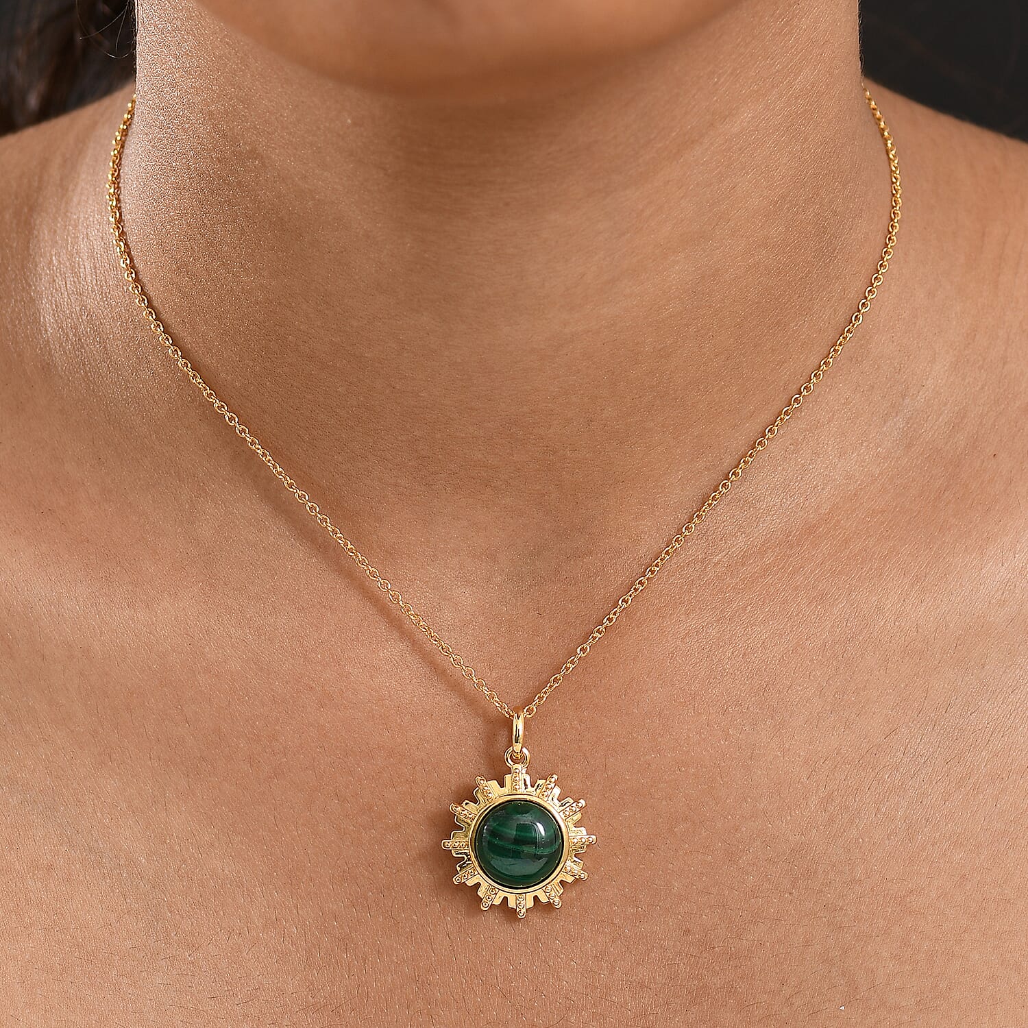 Malachite Pendant with Chain (Size 20) in Yellow Gold Plated 8.66 Ct.