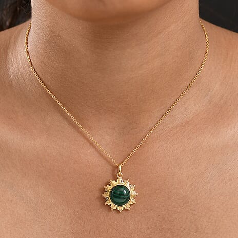 Malachite Pendant with Chain (Size 20) in Yellow Gold Plated 8.66 Ct.
