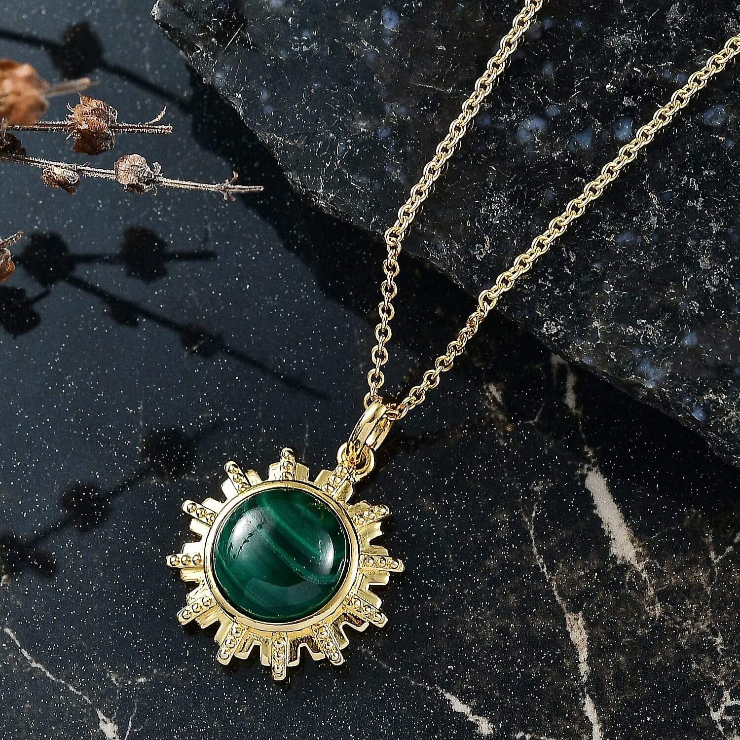 Malachite Pendant with Chain (Size 20) in Yellow Gold Plated 8.66 Ct.
