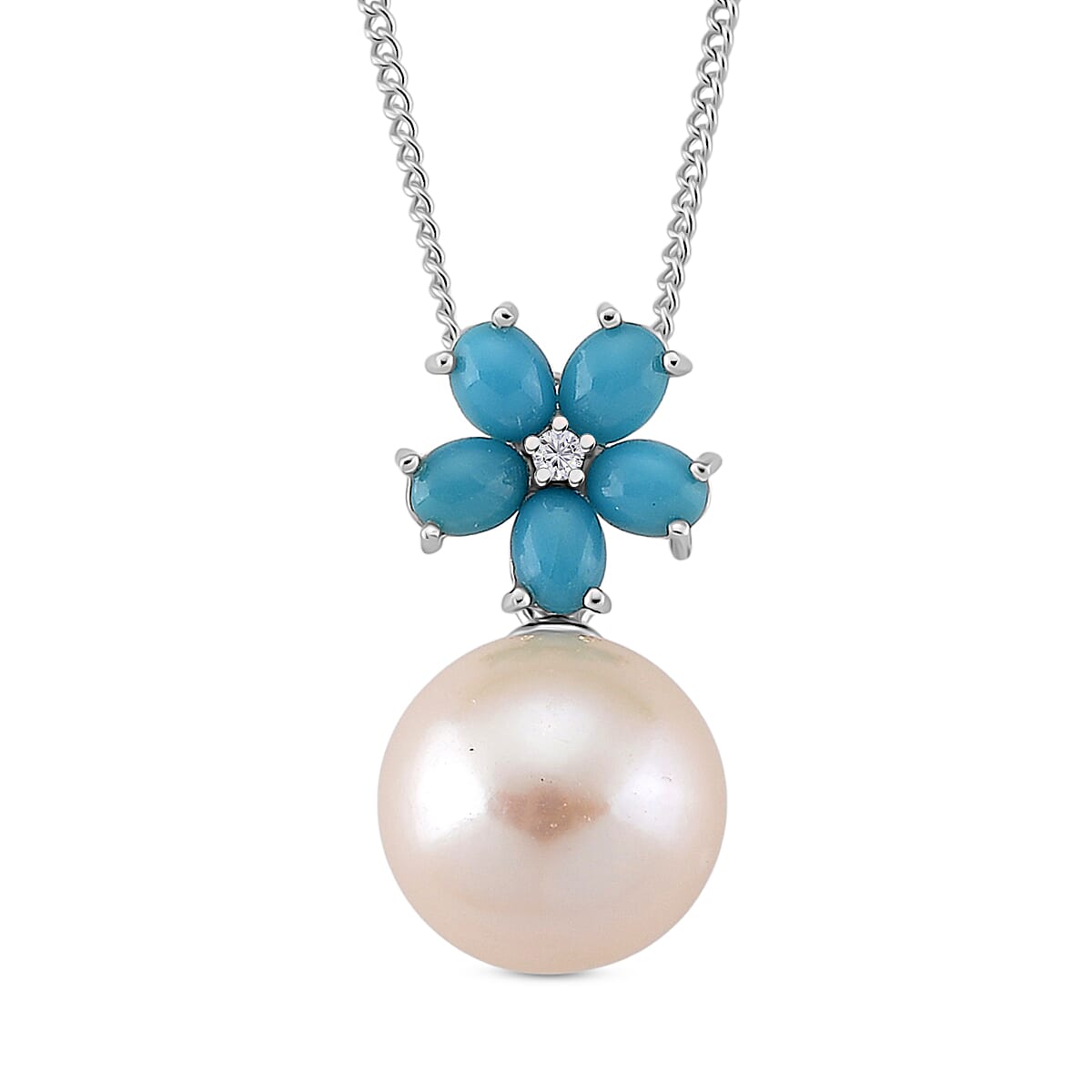D'Joy Sleeping Beauty Turquoise and Edison Pearl & White Zircon Pendant with Chain (Size 18) in Rhodium Overlay Sterling Silver 8.62 Ct.