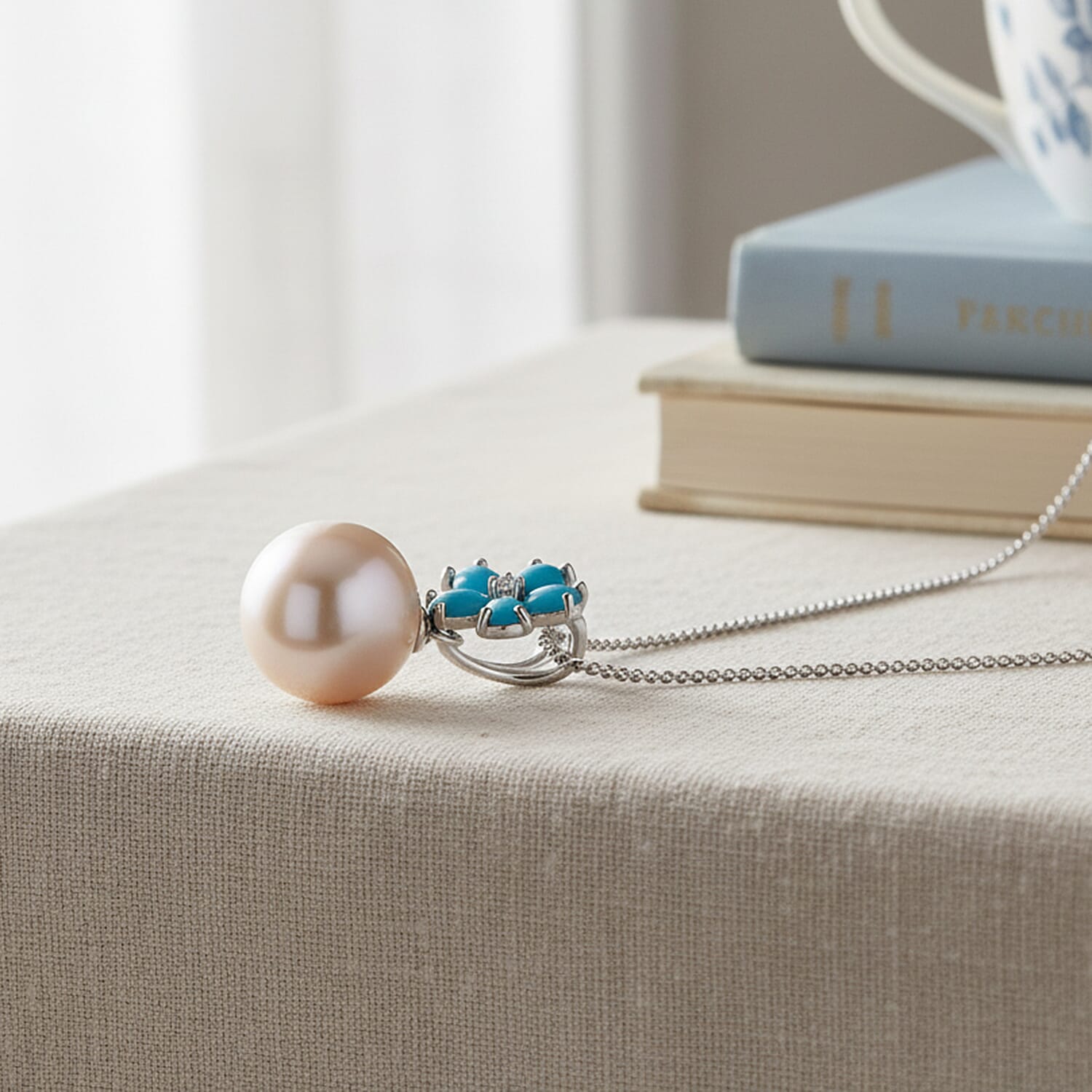 D'Joy Sleeping Beauty Turquoise and Edison Pearl & White Zircon Pendant with Chain (Size 18) in Rhodium Overlay Sterling Silver 8.62 Ct.