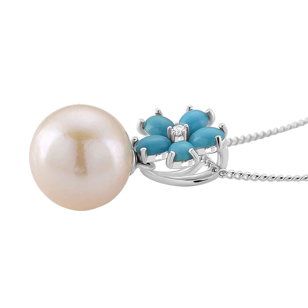 D'Joy Sleeping Beauty Turquoise and Edison Pearl & White Zircon Pendant with Chain (Size 18) in Rhodium Overlay Sterling Silver 8.62 Ct.