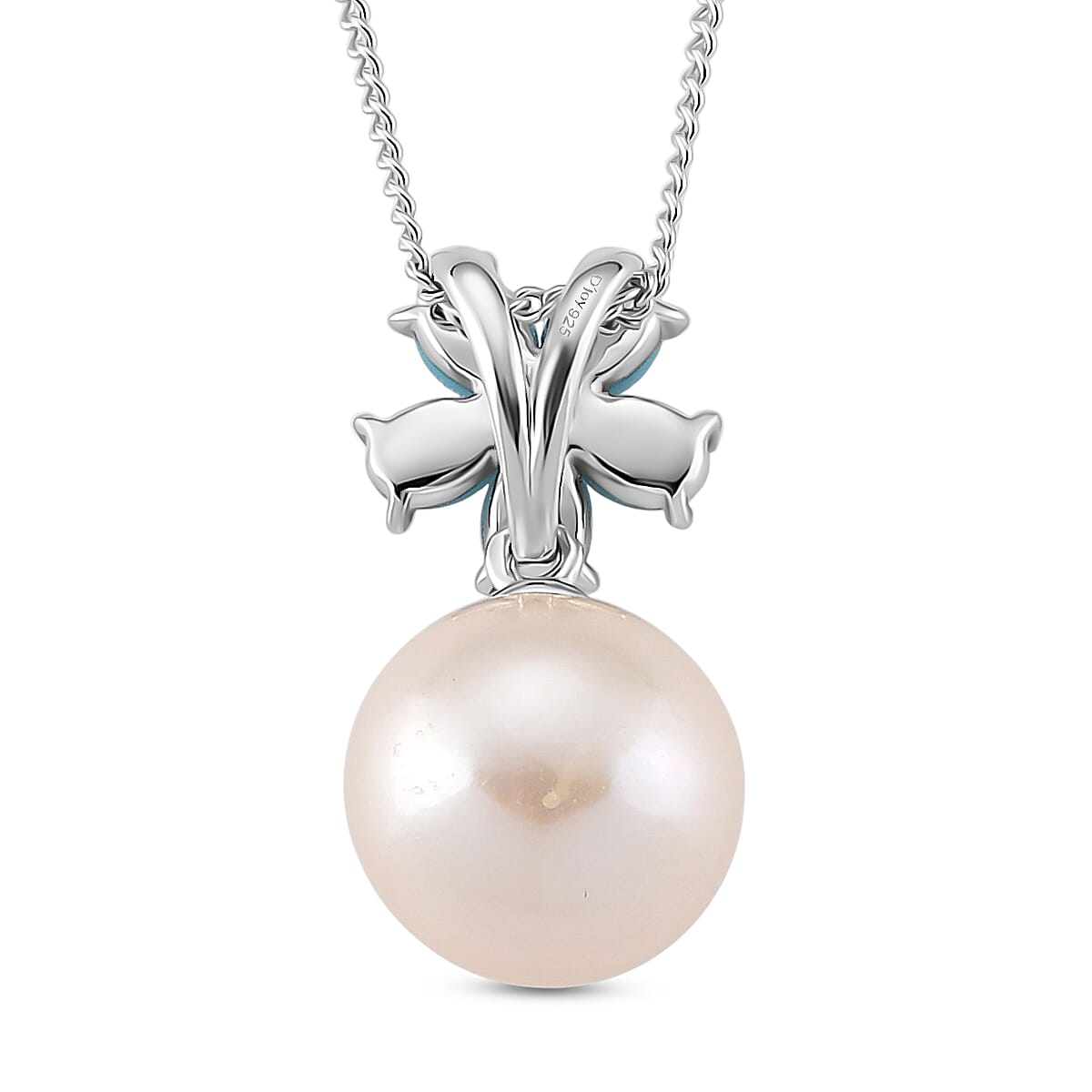 D'Joy Sleeping Beauty Turquoise and Edison Pearl & White Zircon Pendant with Chain (Size 18) in Rhodium Overlay Sterling Silver 8.62 Ct.