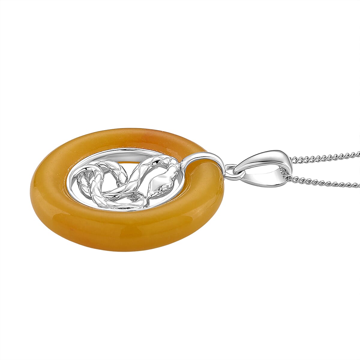 D'Joy Honey Jade Snake Pendant with Chain (Size 18) in Rhodium Overlay Sterling Silver 21.87 Ct.
