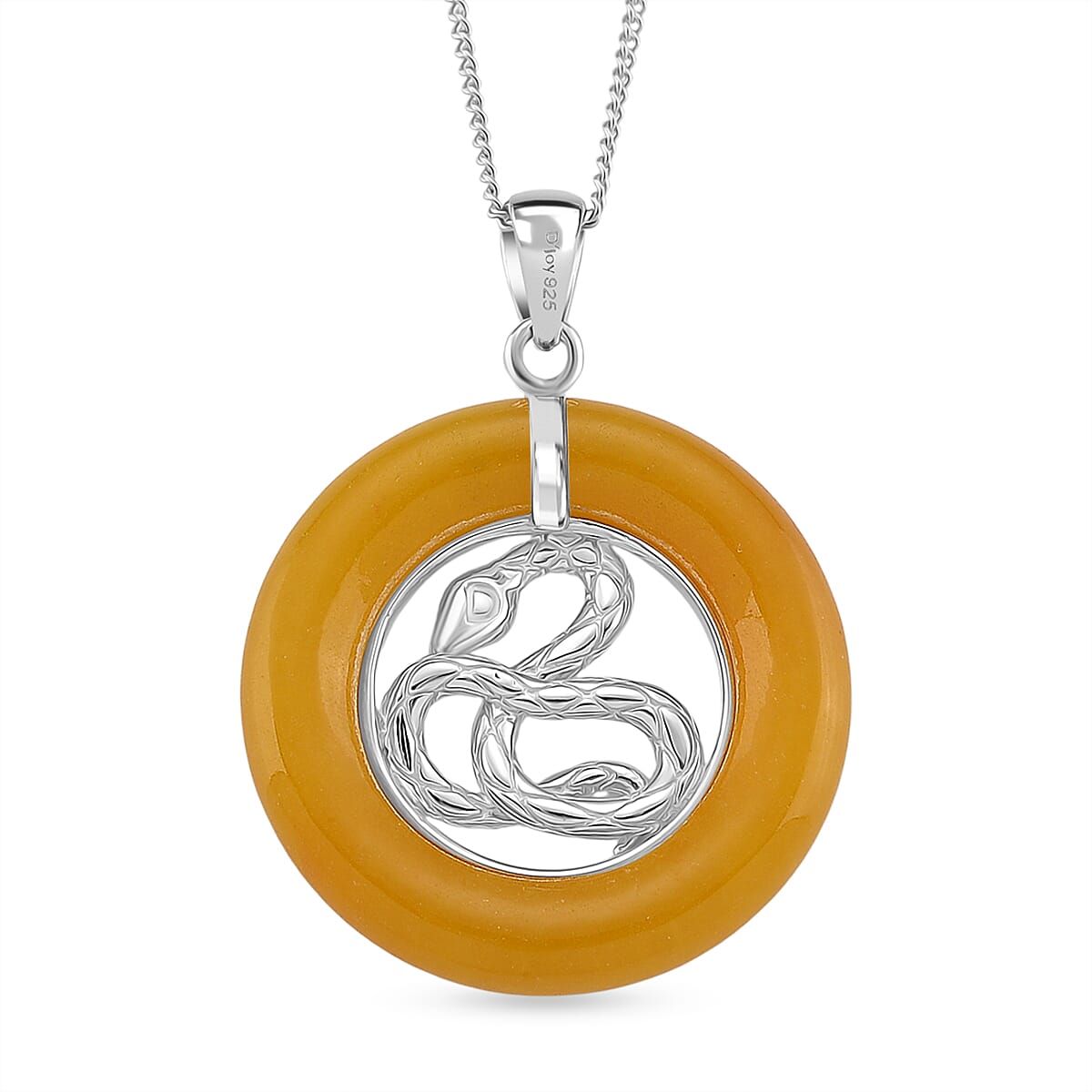 D'Joy Honey Jade Snake Pendant with Chain (Size 18) in Rhodium Overlay Sterling Silver 21.87 Ct.