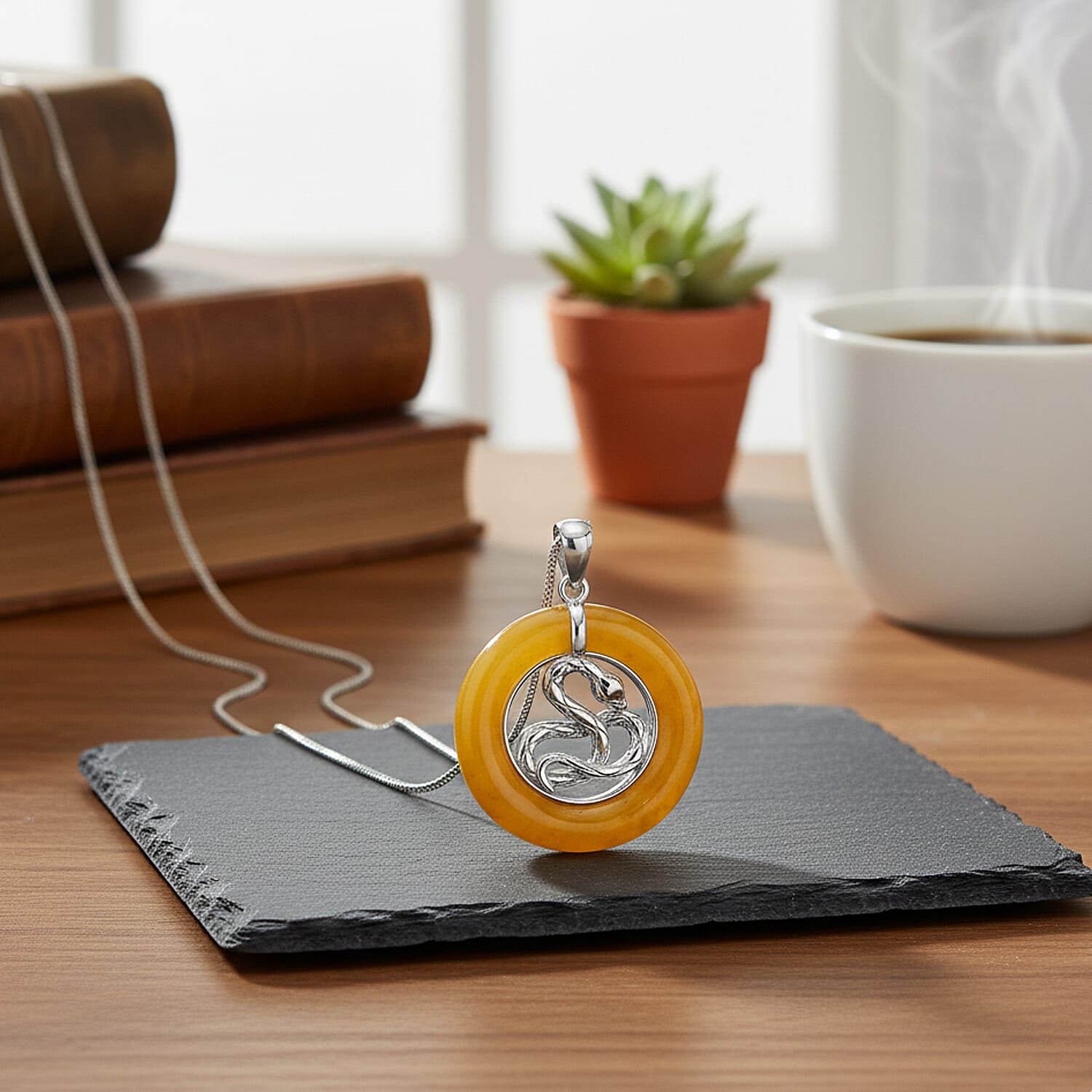 D'Joy Honey Jade Snake Pendant with Chain (Size 18) in Rhodium Overlay Sterling Silver 21.87 Ct.