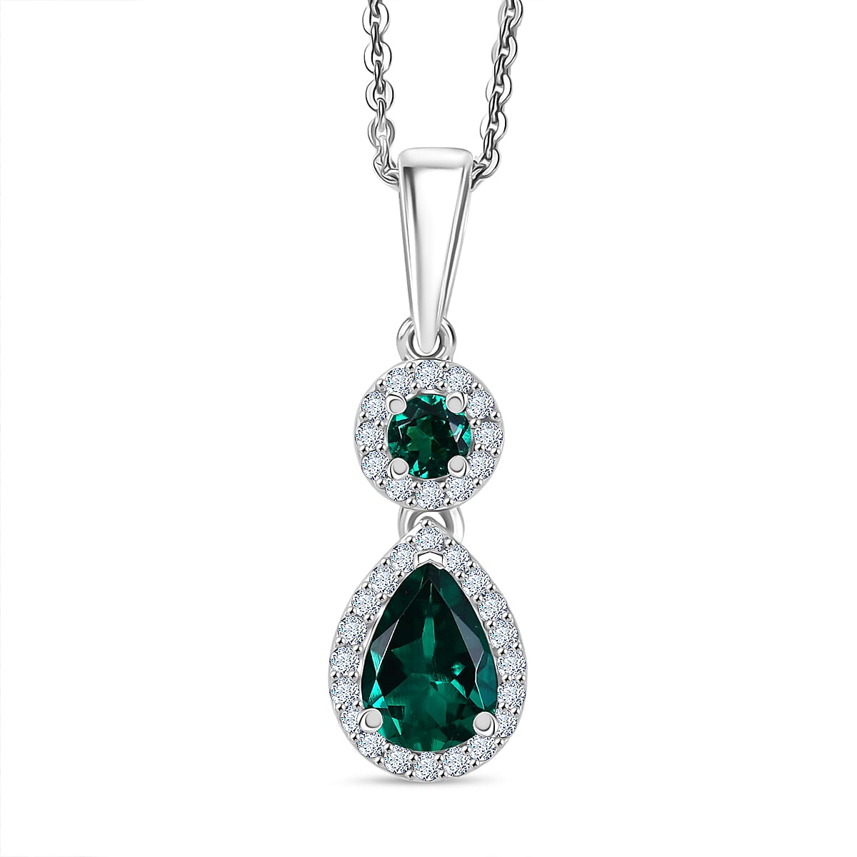 Lab Grown Emerald & White Zircon Pendant with Chain (Size 20) in Rhodium Overlay Sterling Silver 1.27 Ct.