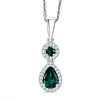 D'joy Lab Grown Emerald, White Zircon Drop Pendant with Chain (Size 20) in Rhodium Overlay Sterling Silver 1.27 Ct.
